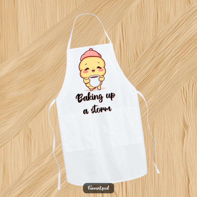Funny Croissant Apron: A happy croissant in a beret sips coffee, a humorous and stylish accessory for the kitchen.
