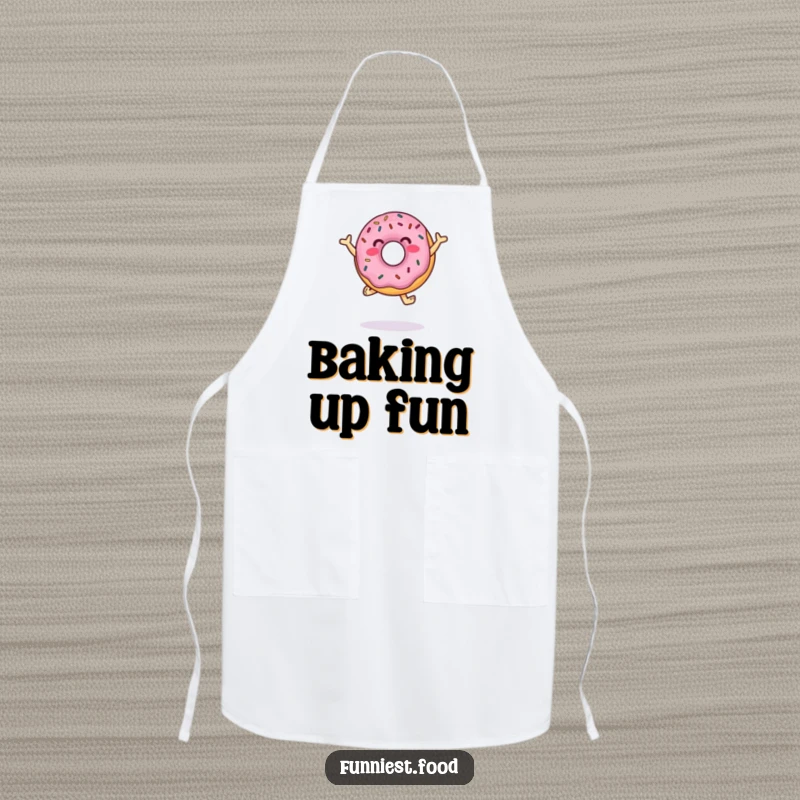 Funny Apron depicting a donut character with sprinkles doing a lively dance, perfect for adding humor to cooking and baking.