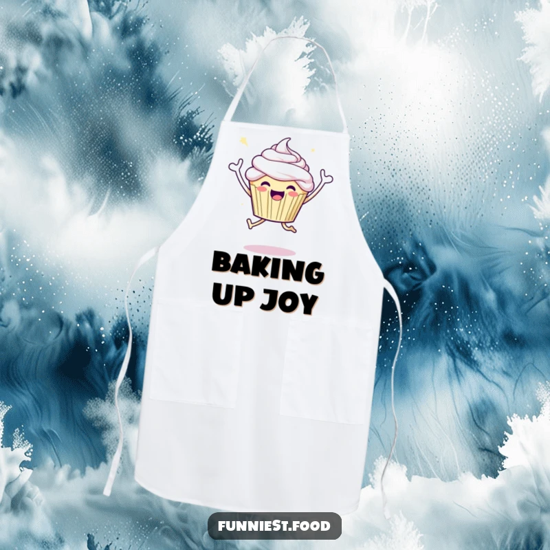 Funny kitchen apron with a joyful cupcake character doing a celebratory jump, a humorous and festive baking accessory.