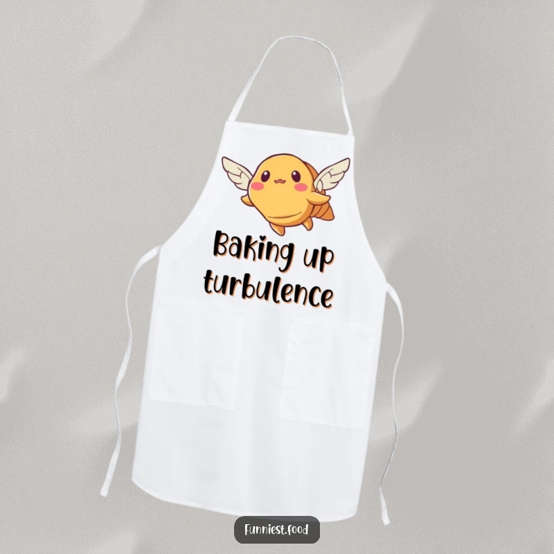 Funny croissant apron, depicting a bewildered pastry with tiny wings, ready for culinary flight, humorous kitchen wear.