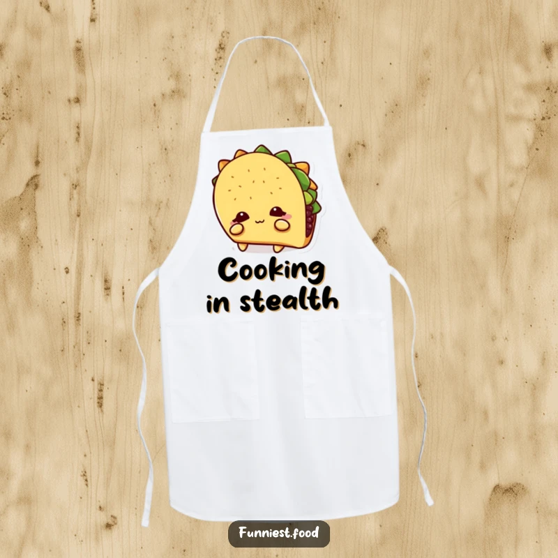 Funny Apron: A shy taco character hides behind its shadow, a humorous apron for cooks who prefer privacy.