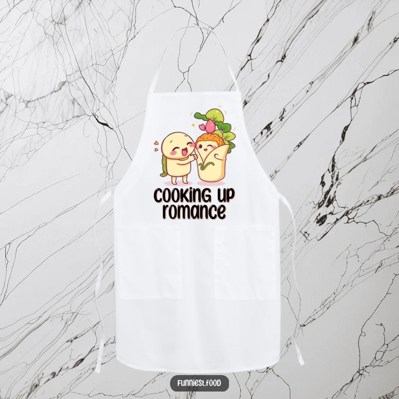 Funny Taco Apron: A winking taco serenades a shy burrito, a humorous and stylish accessory for the kitchen.