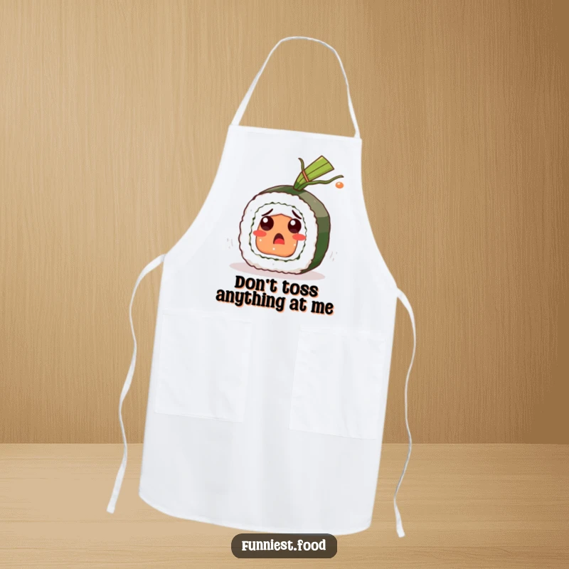 Funny Sushi Roll Apron: A surprised sushi character sporting a funny expression while cooking, perfect for a kitchen-themed funny gift.
