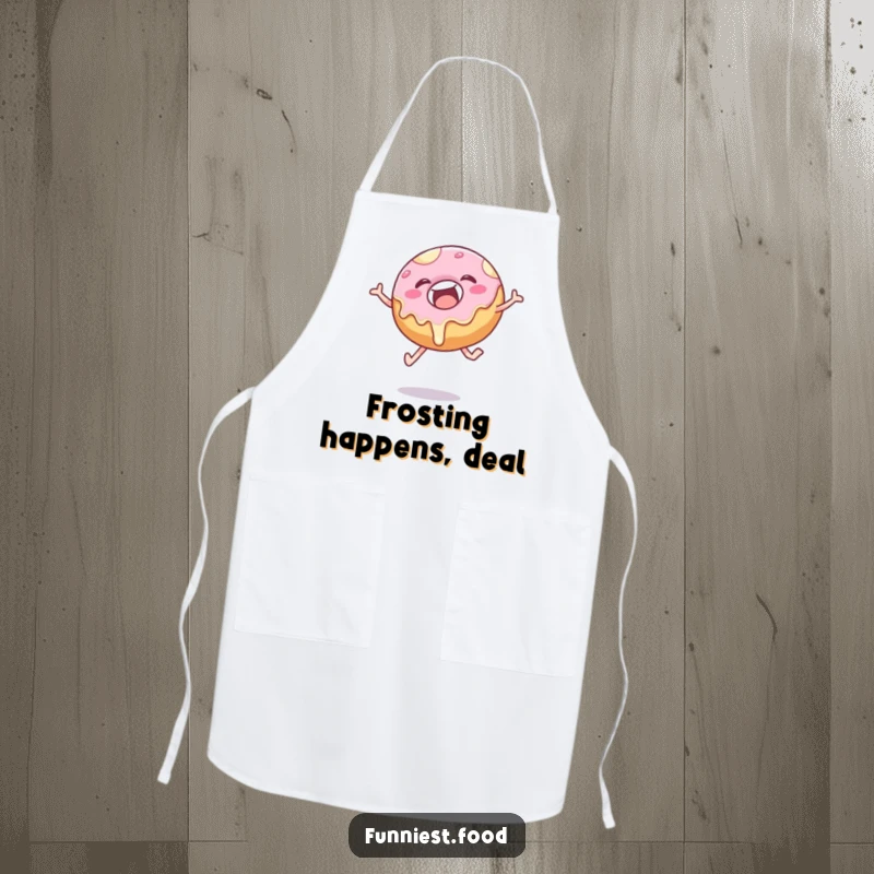 Funny donut apron showing a happy, frosting-covered pastry leaping with joy, perfect for bakers and cooks.