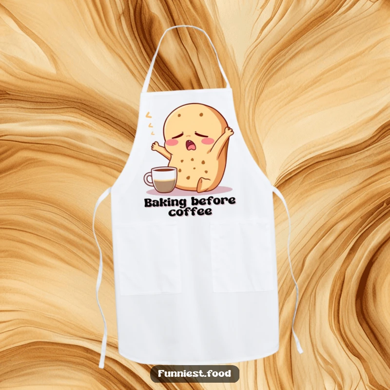 Funny Bagel Apron: A sleepy bagel character yawns and stretches near a coffee cup, a humorous and functional kitchen accessory.