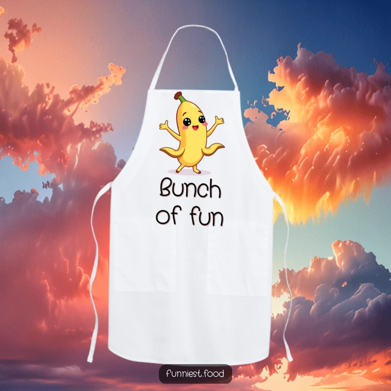 Funny banana character dancing with peel legs out on an apron, ideal for kitchen fun and protection.