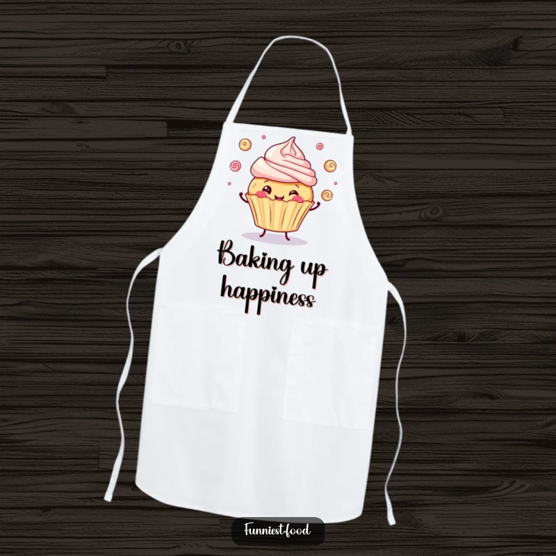 Funny apron showing a happy cupcake juggling frosting swirls, perfect for adding humor to kitchen activities.