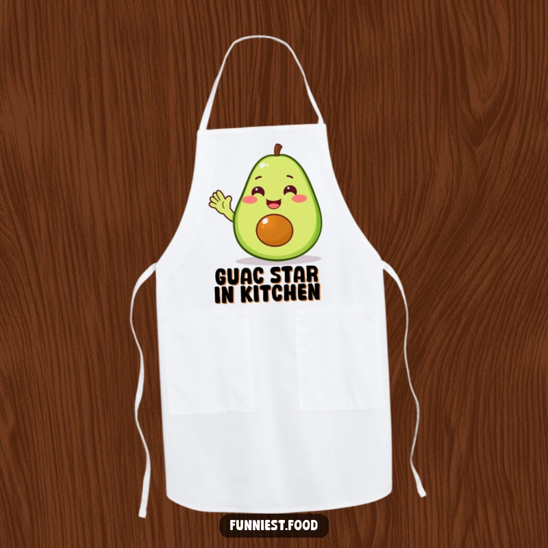 Funny avocado apron showing a delighted avocado character giving a friendly wave, perfect for cheerful cooking.