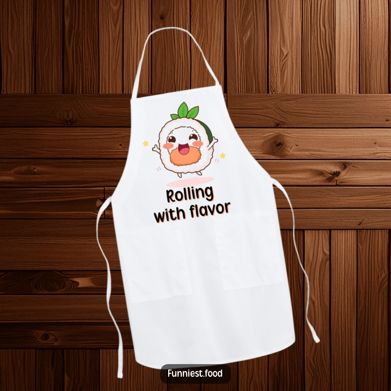 Funny delighted sushi apron, a happy dancing roll, humorous kitchen wear.