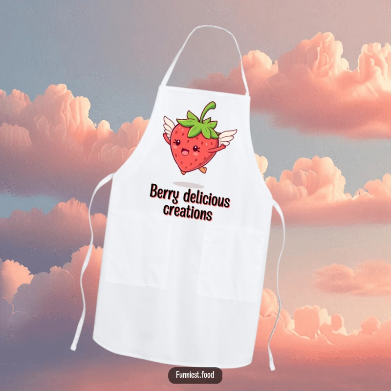 Funny jumping strawberry with tiny wings flying on a kitchen apron, perfect for baking with whimsical charm, a great funny gift.