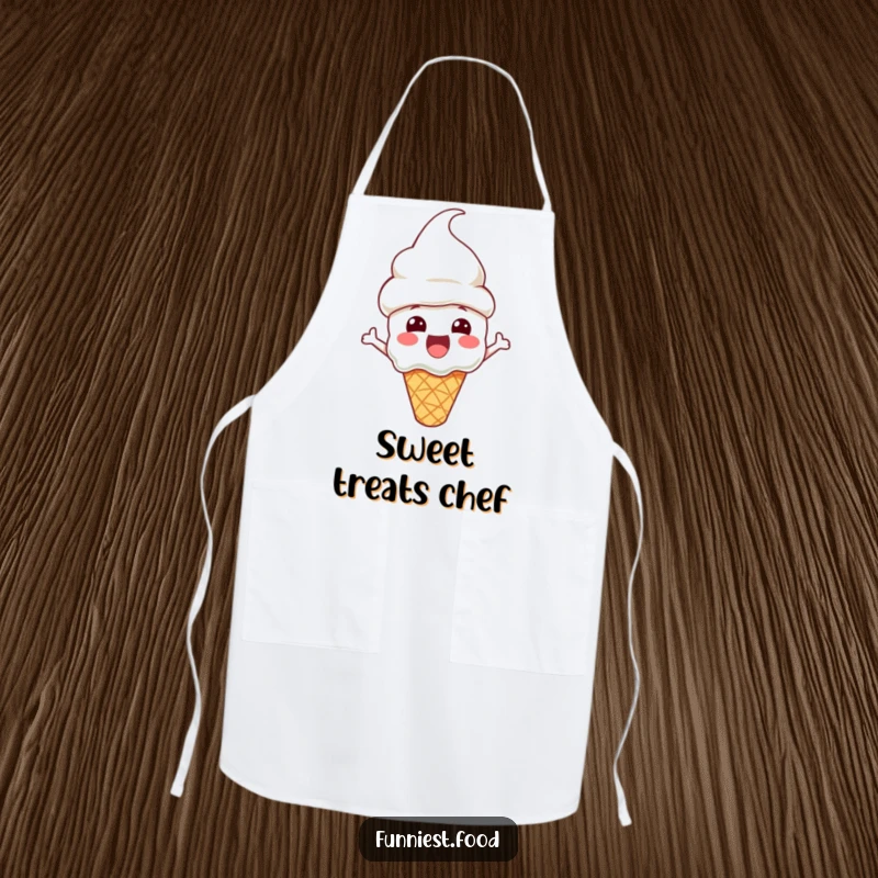 Funny Apron featuring an excited ice cream cone character with a cone hat, perfect for adding fun to kitchen activities.