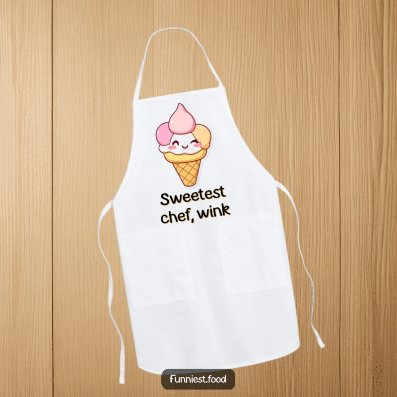 Funny Ice Cream Apron: A happy ice cream cone with winking scoops adds sweet humor to kitchen activities.