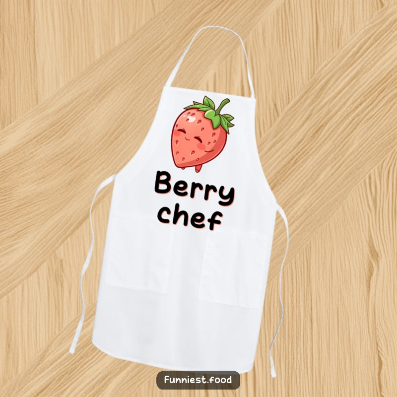Funny Apron: A charming strawberry character tips its leafy hat and winks, ready to add a sprinkle of fun to your cooking.