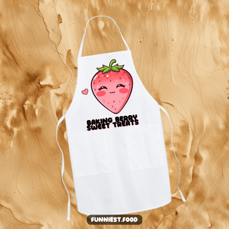 Funny kitchen apron featuring a cheerful strawberry blowing a kiss, perfect for cooking or baking with a sweet and humorous attitude.