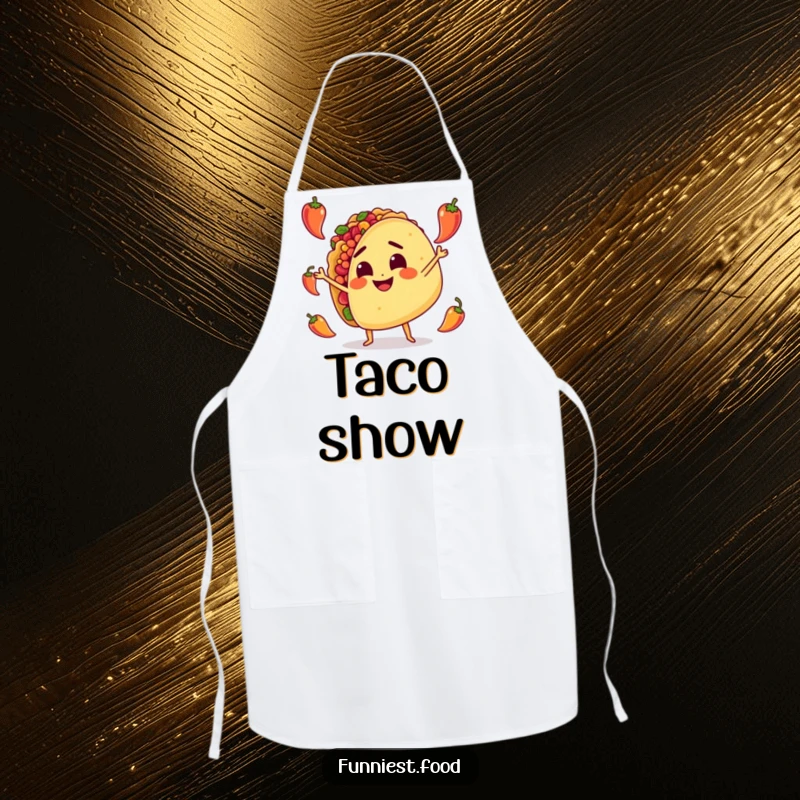 Funny Apron: A determined taco character skillfully juggles miniature hot peppers, ready to add spice to your cooking and your day.