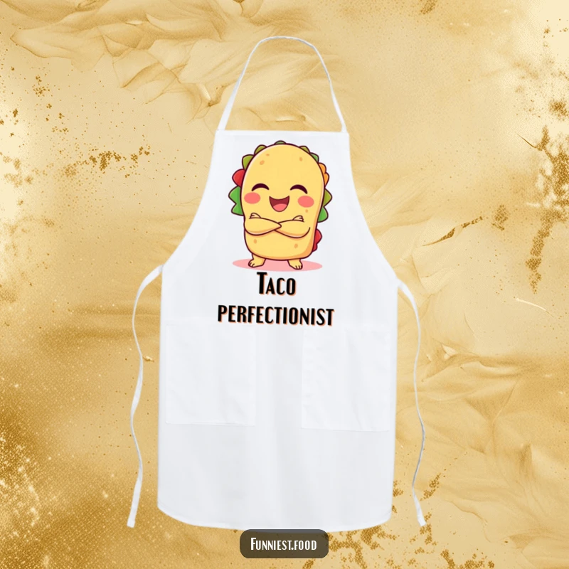 Funny laughing taco with crossed arms on a kitchen apron, a humorous and functional accessory.