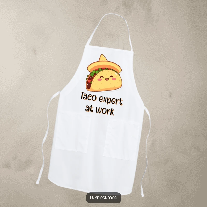 Funny chef apron featuring a jubilant taco in a sombrero, playfully tipping it, perfect for humorous cooking sessions and kitchen fun.