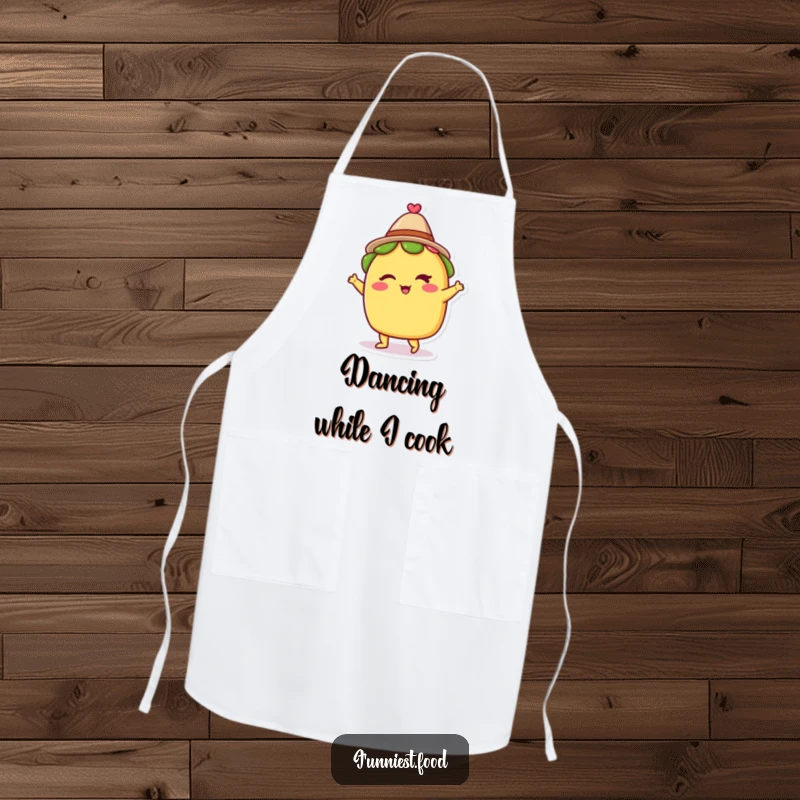 Funny apron with a winking taco wearing a small hat and dancing, ready to add fun and festive flavor to any culinary task.