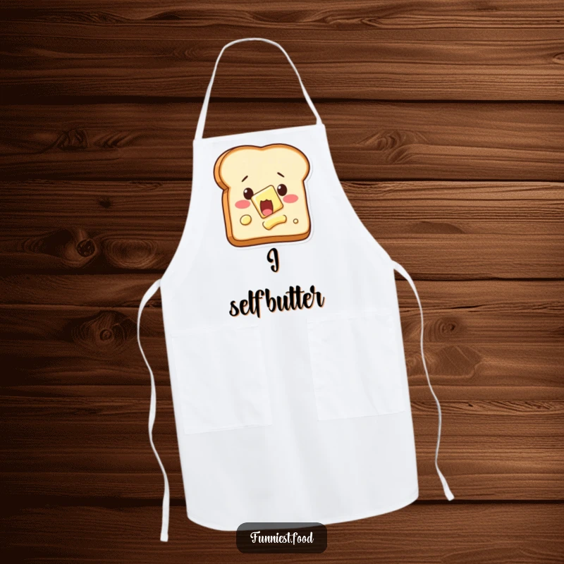 Funny self-buttering toast apron, depicting shocked toast with spreading butter, humorous kitchen wear.