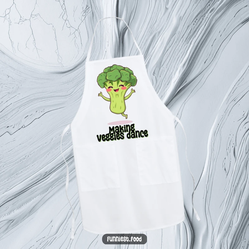 Funny broccoli apron showing a bouncing broccoli performing a silly jig with a grin, ideal for a humorous kitchen gift.