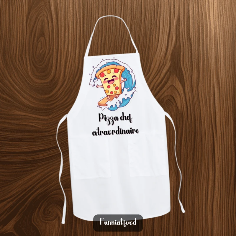 Funny laughing pizza slice surfing a soda wave on a kitchen apron, perfect for cooking with humor, a great funny gift.