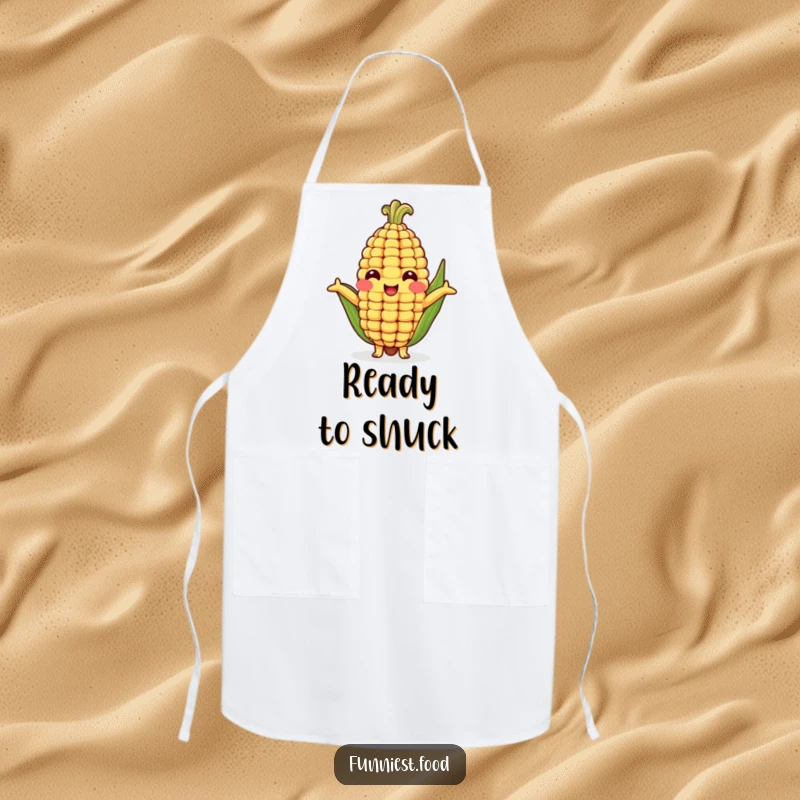 Funny apron featuring a smiling corn cob character with open arms, ready to offer a humorous hug while you whip up a meal.