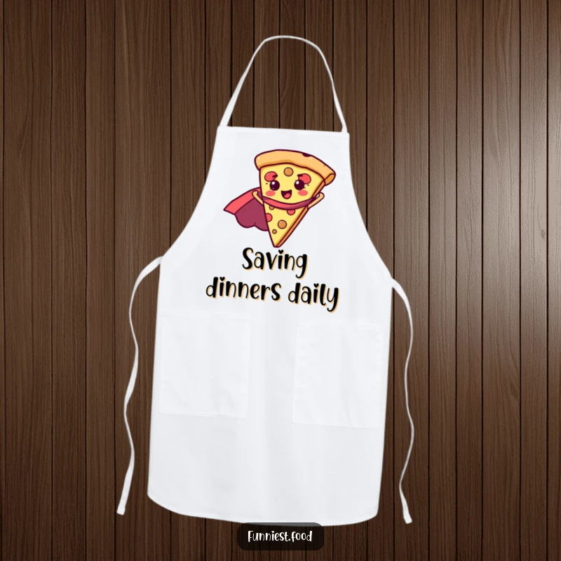 Funny pizza slice with a superhero cape, designed on a chef's apron, ready for culinary battles and chuckles, a practical funny gift.