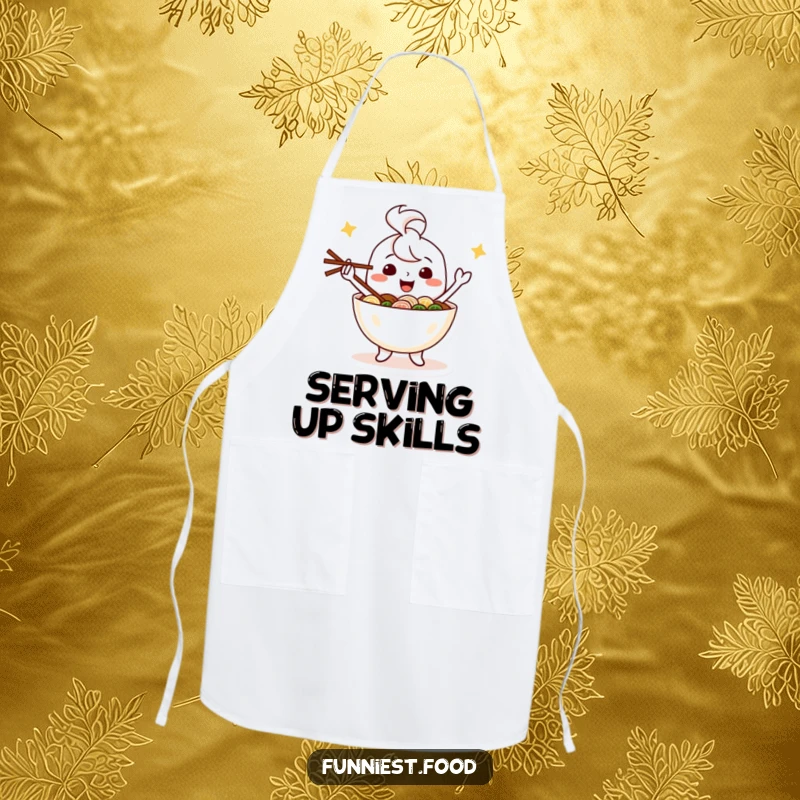 Funny kitchen apron with a happy ramen bowl character juggling chopsticks, a humorous cooking accessory for joy.