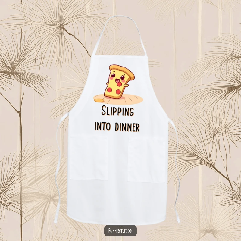 Funny Apron depicting a giggling pizza slice character sliding happily across a floor, ready for kitchen adventures.