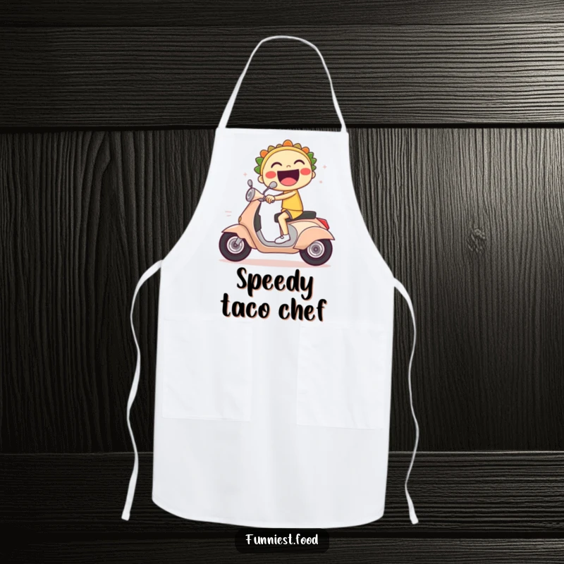 Funny apron with a laughing taco character riding a scooter with exaggerated speed lines.