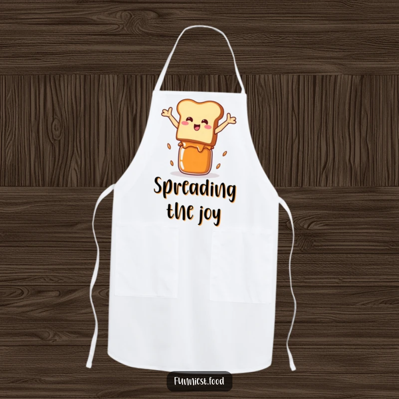 Funny Apron: A smiling piece of toast in mid-air, jumping over a jam jar, perfect for a humorous cook.