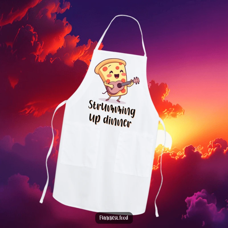 Funny Pizza Apron: A pizza slice character joyfully plays a ukulele while cooking, perfect for a humorous kitchen accessory.