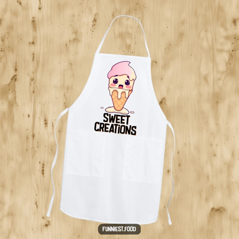 Funny Ice Cream Apron displaying a surprised ice cream cone character melting with excitement, ready for kitchen fun.