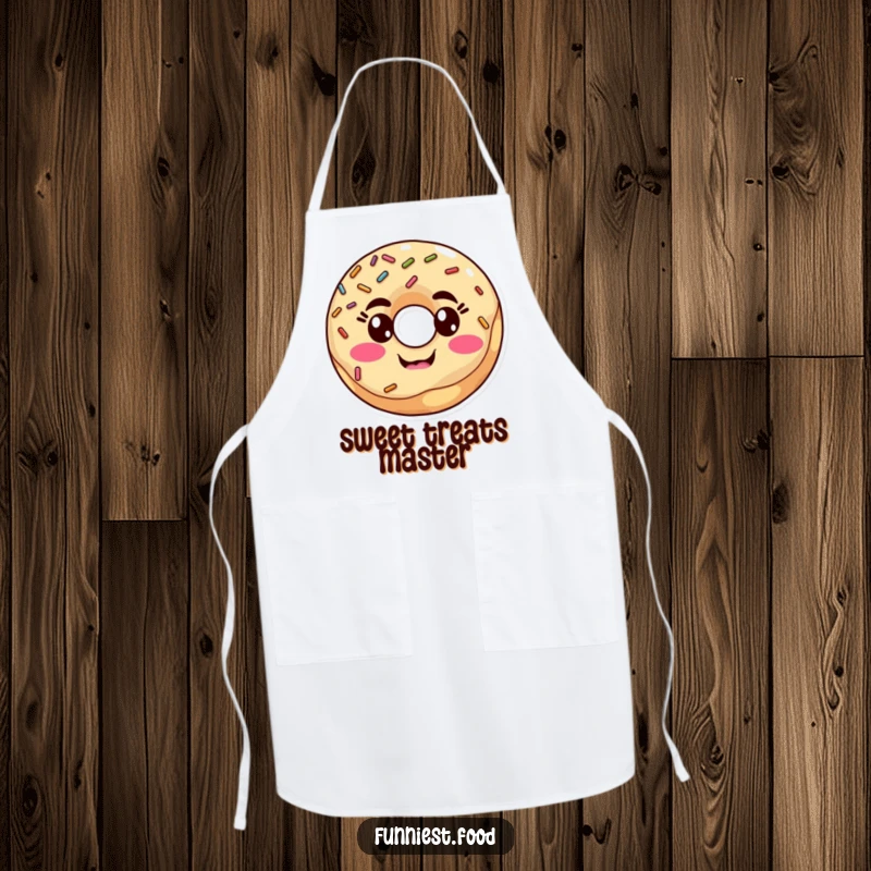 Funny donut with sprinkles making a silly face on a kitchen apron, protecting clothes with humor, ideal for a funny gift.