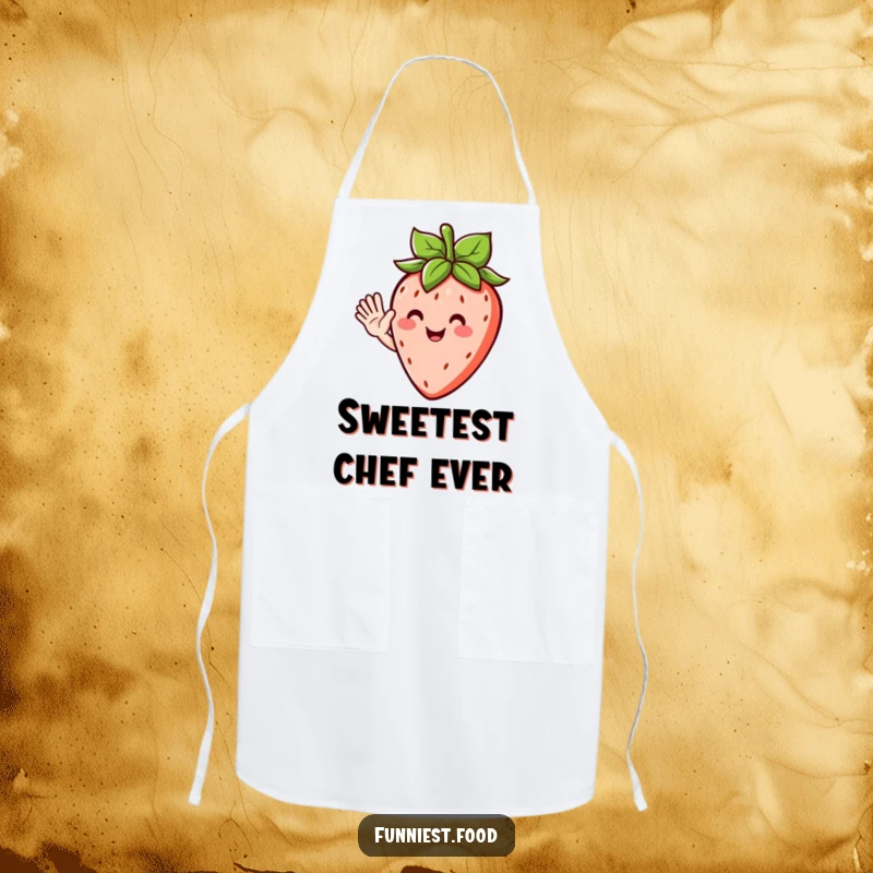 Funny apron featuring a cheerful strawberry character with leafy hair, waving hello while you cook up a storm.