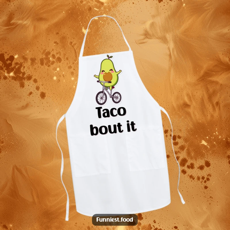 Funny avocado character balancing on a unicycle on an apron, perfect for kitchen fun and protection.