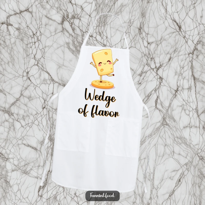 Funny apron featuring a winking cheese wedge pirouetting on a cracker, blending kitchen fun with food humor.