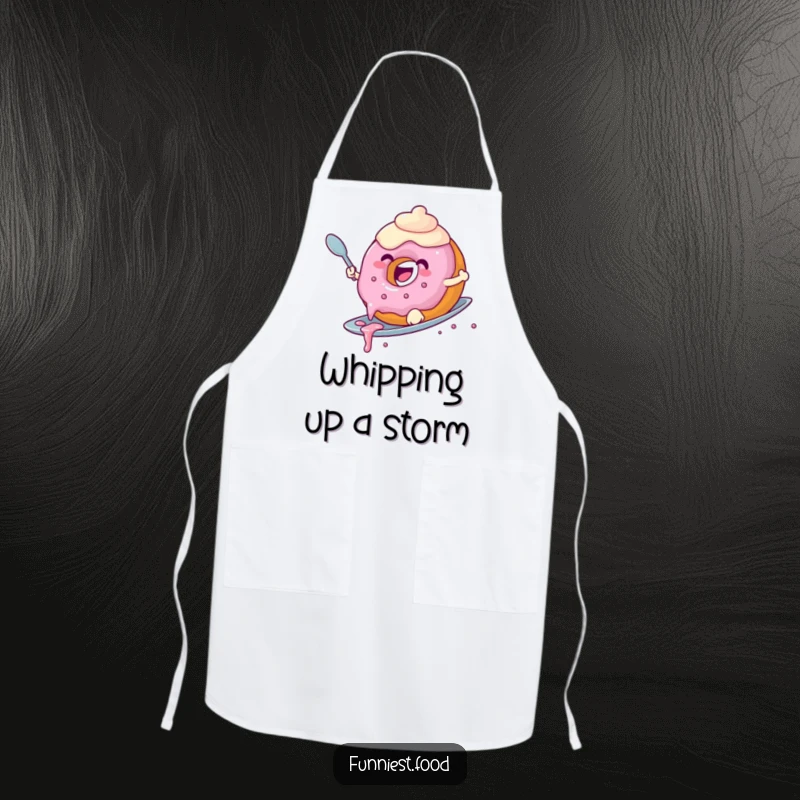 Funny donut apron showing a joyful donut with dripping frosting surfing a spoon, ideal for a humorous kitchen gift.
