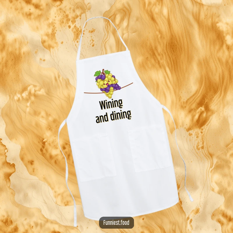 Funny apron featuring a giddy bunch of grapes performing a tightrope act, ideal for adding humor to cooking.