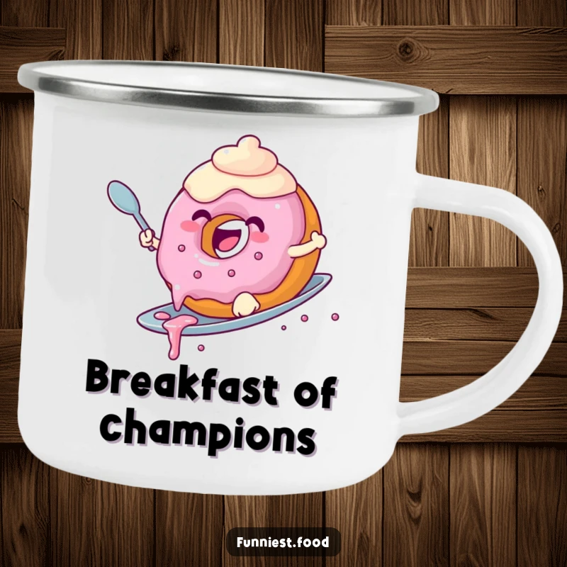 Funny donut camping mug depicting a joyful donut with dripping frosting surfing a spoon, perfect for outdoor enjoyment and a fun gift.