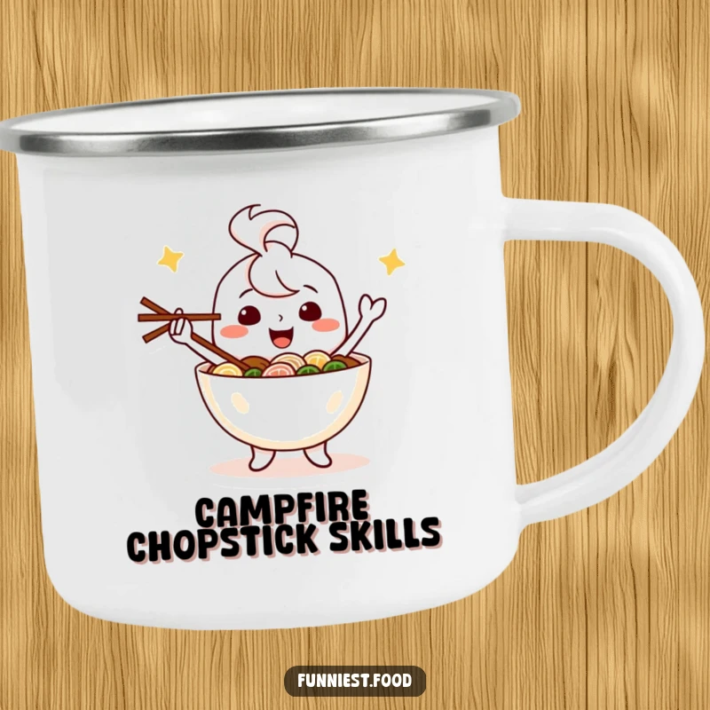 Funny enamel camping mug with a happy ramen bowl character juggling chopsticks, for outdoor dining and humor.