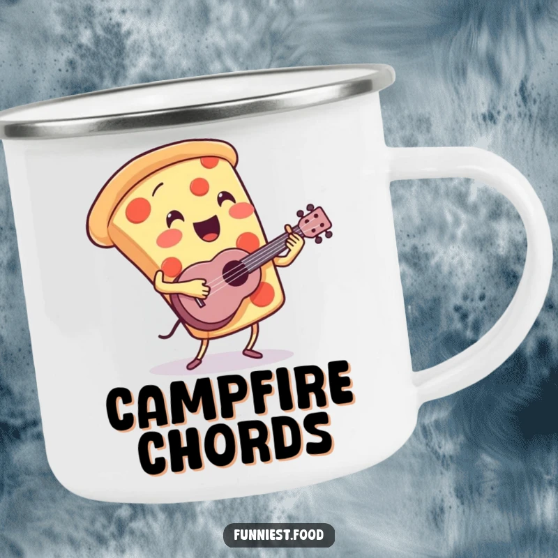 Funny Pizza Camping Mug: A bouncing pizza slice plays a ukulele, bringing musical joy to outdoor adventures.