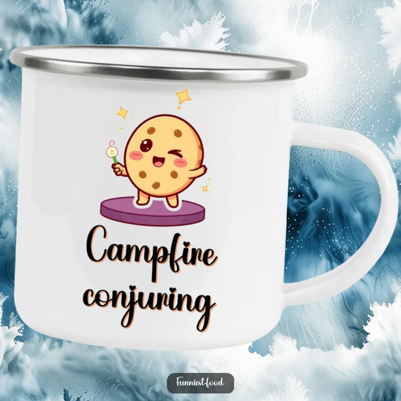 Funny Camping Mug: A winking cookie character performs a magic trick, perfect for enjoying beverages on the go.