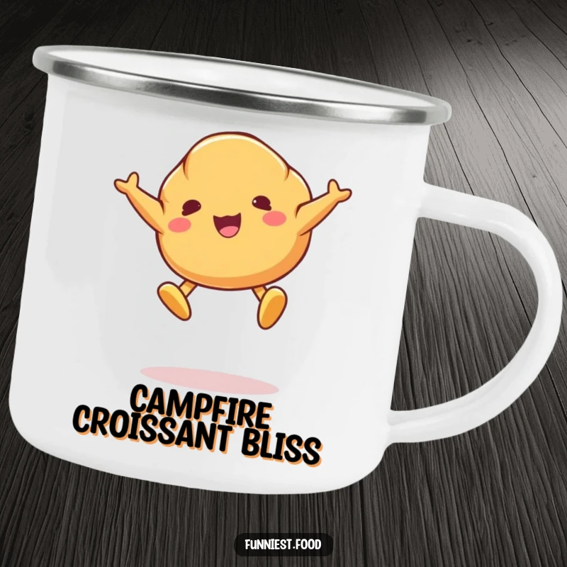 Funny camping mug with a joyful croissant character mid-jump, butter pat feet, built for outdoor fun and laughs.