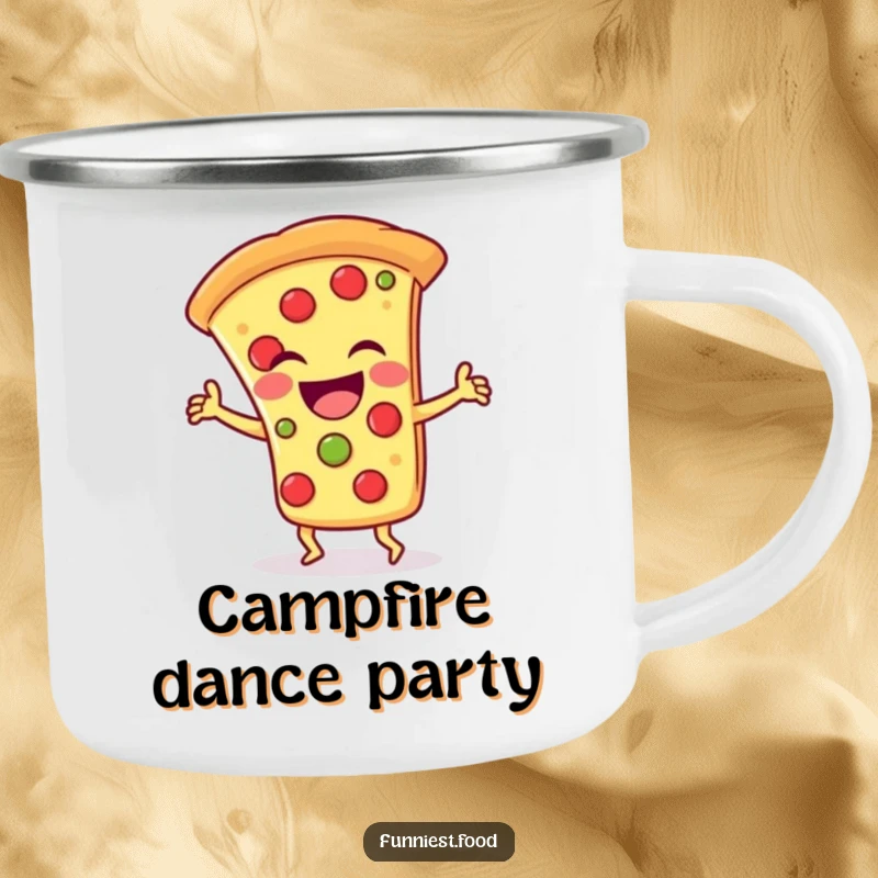 Funny Camping Mug: A laughing pizza slice character doing a silly dance, bringing cartoon fun to outdoor drinks.