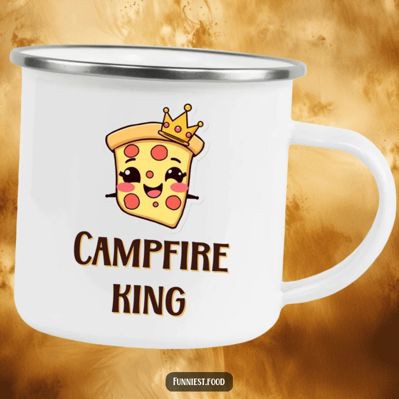 Funny Camping Mug featuring a grinning pizza slice character with a tiny crown, perfect for regal moments outdoors.