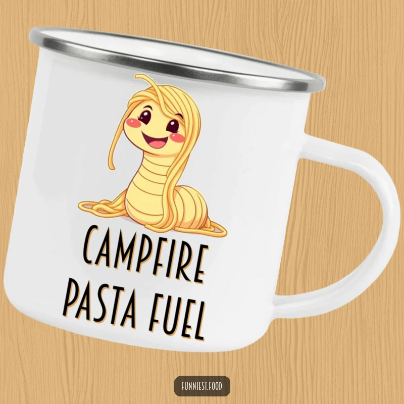 Funny camping mug featuring a smiling spaghetti worm made of pasta, bringing humorous charm and hearty laughs to outdoor beverages.
