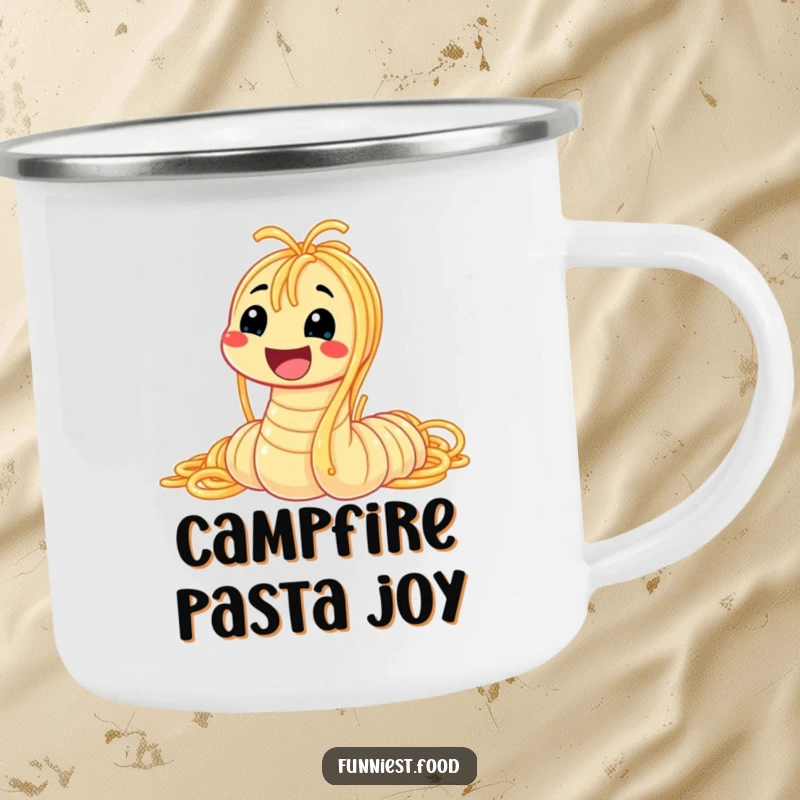 Funny spaghetti worm camping mug with a smiling worm made of pasta, durable and humorous for outdoor drinks and good times.