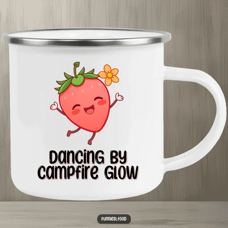 Funny Strawberry Dance Camping Mug: A joyful strawberry character dances with a flower, bringing cheer to outdoor activities, a perfect funny gift.