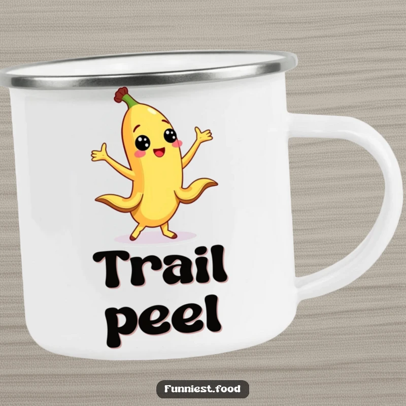 Funny banana character dancing with peel legs out on a camping mug, ideal for outdoor adventures.